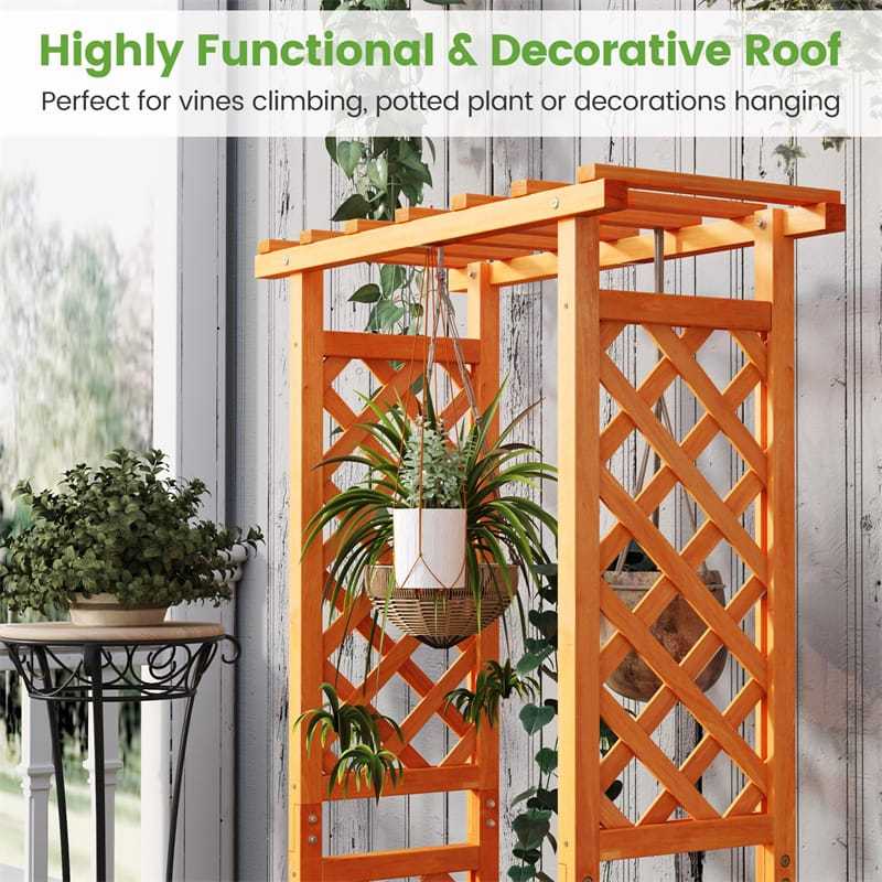 Raised Garden Bed with 2-Sided Trellis, Hanging Roof, Drainage Holes, Indoor/Outdoor Wood Planter Box for Climbing Plants, Vines, Flowers