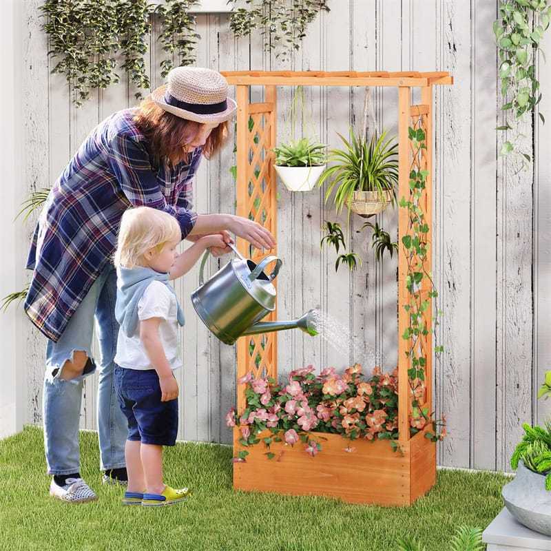 Raised Garden Bed with 2-Sided Trellis, Hanging Roof, Drainage Holes, Indoor/Outdoor Wood Planter Box for Climbing Plants, Vines, Flowers