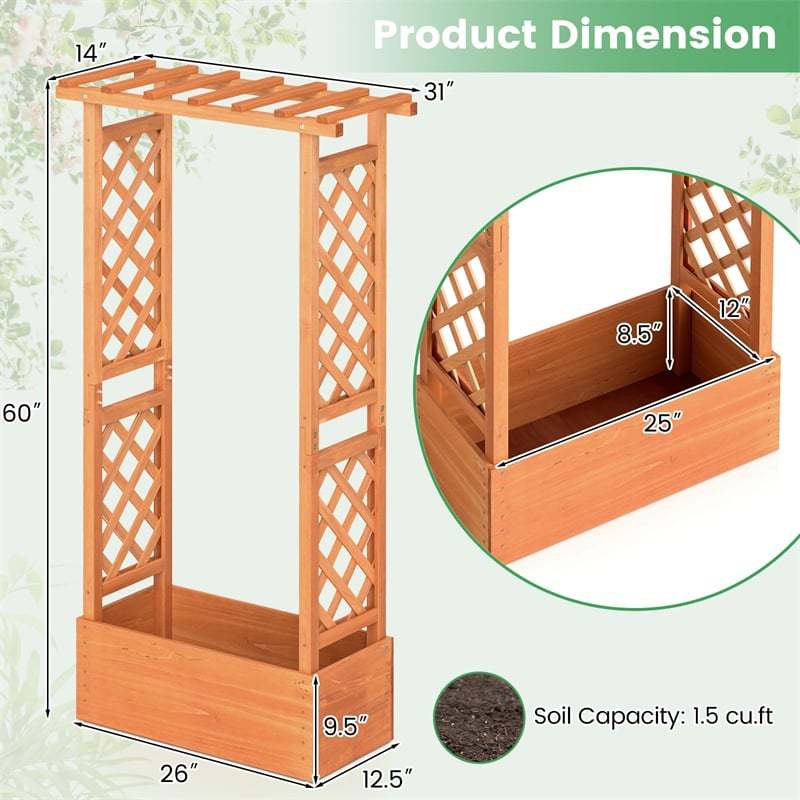 Raised Garden Bed with 2-Sided Trellis, Hanging Roof, Drainage Holes, Indoor/Outdoor Wood Planter Box for Climbing Plants, Vines, Flowers