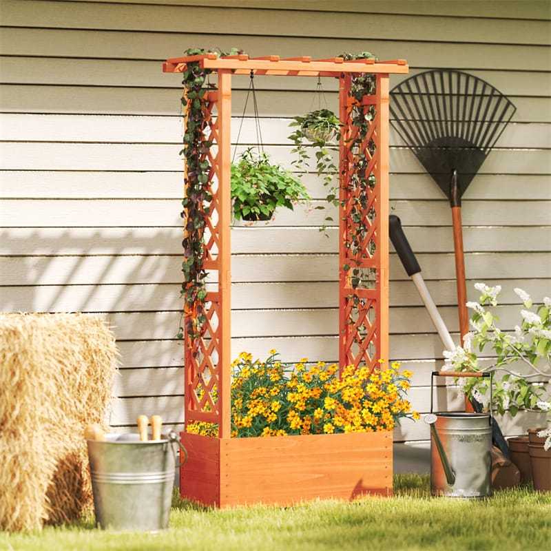 Raised Garden Bed with 2-Sided Trellis, Hanging Roof, Drainage Holes, Indoor/Outdoor Wood Planter Box for Climbing Plants, Vines, Flowers