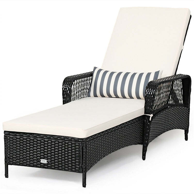 Rattan Outdoor Chaise Lounge Chair w/ 6-Gear Adjustable Backrest, Cushions, Removable Pillow, Patio Recliner for Poolside, Backyard Balcony
