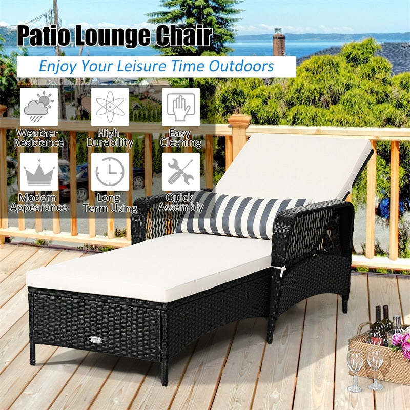 Rattan Outdoor Chaise Lounge Chair w/ 6-Gear Adjustable Backrest, Cushions, Removable Pillow, Patio Recliner for Poolside, Backyard Balcony