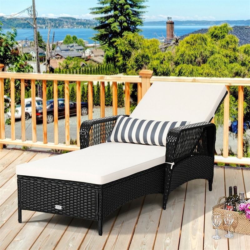 Rattan Outdoor Chaise Lounge Chair w/ 6-Gear Adjustable Backrest, Cushions, Removable Pillow, Patio Recliner for Poolside, Backyard Balcony