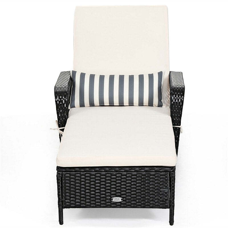 Rattan Outdoor Chaise Lounge Chair w/ 6-Gear Adjustable Backrest, Cushions, Removable Pillow, Patio Recliner for Poolside, Backyard Balcony
