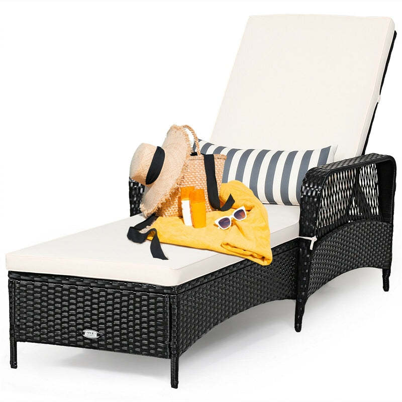Rattan Outdoor Chaise Lounge Chair w/ 6-Gear Adjustable Backrest, Cushions, Removable Pillow, Patio Recliner for Poolside, Backyard Balcony