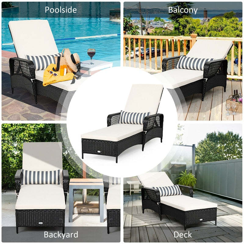 Rattan Outdoor Chaise Lounge Chair w/ 6-Gear Adjustable Backrest, Cushions, Removable Pillow, Patio Recliner for Poolside, Backyard Balcony