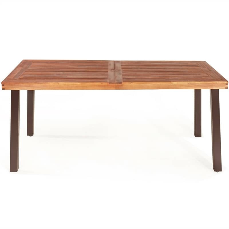 Acacia Wood Patio Dining Table with Umbrella Hole & Steel Legs, Indoor Outdoor Rectangular Table for Garden, Backyard, Poolside