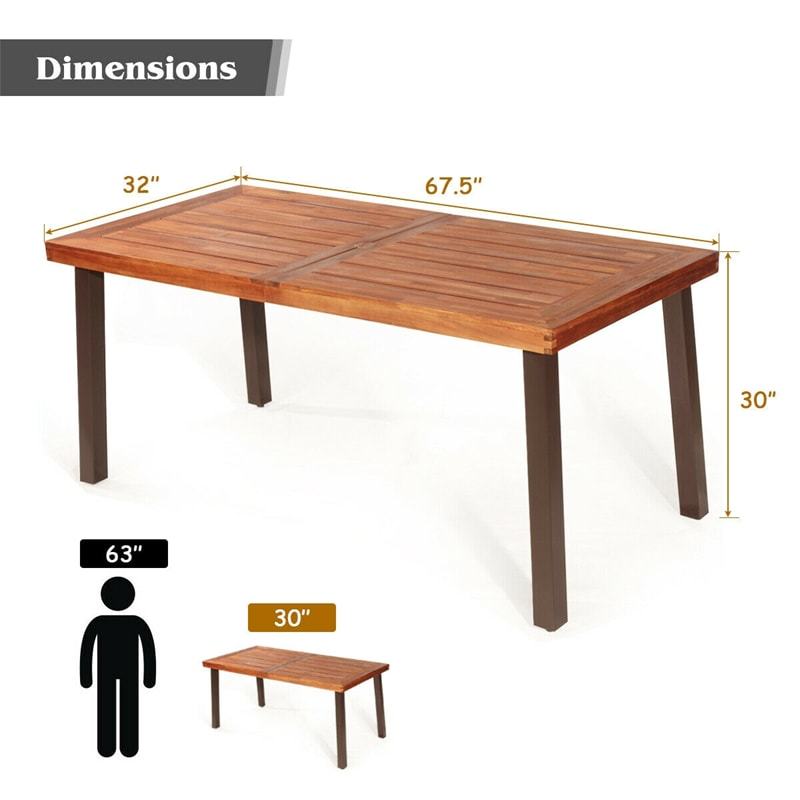 Acacia Wood Patio Dining Table with Umbrella Hole & Steel Legs, Indoor Outdoor Rectangular Table for Garden, Backyard, Poolside