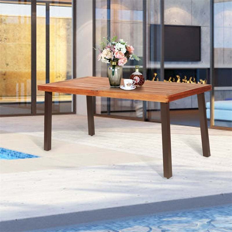 Acacia Wood Patio Dining Table with Umbrella Hole & Steel Legs, Indoor Outdoor Rectangular Table for Garden, Backyard, Poolside