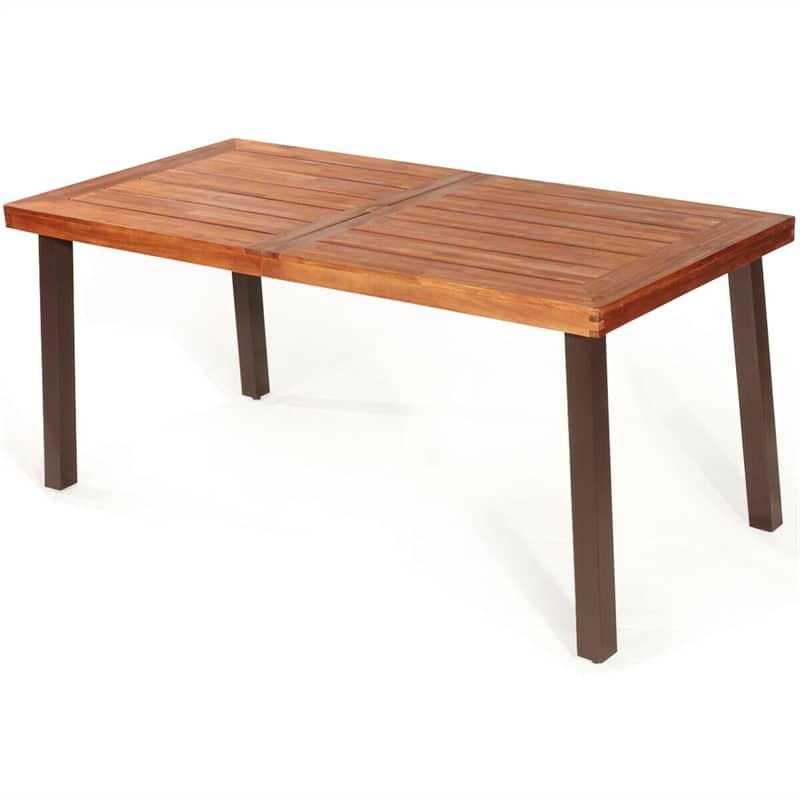Acacia Wood Patio Dining Table with Umbrella Hole & Steel Legs, Indoor Outdoor Rectangular Table for Garden, Backyard, Poolside