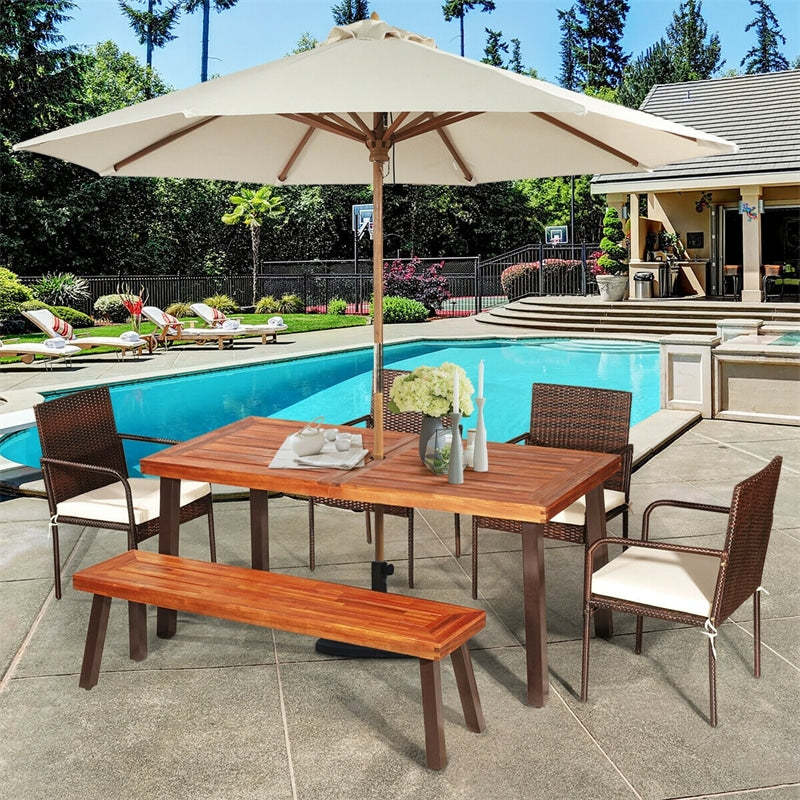 Acacia Wood Patio Dining Table with Umbrella Hole & Steel Legs, Indoor Outdoor Rectangular Table for Garden, Backyard, Poolside