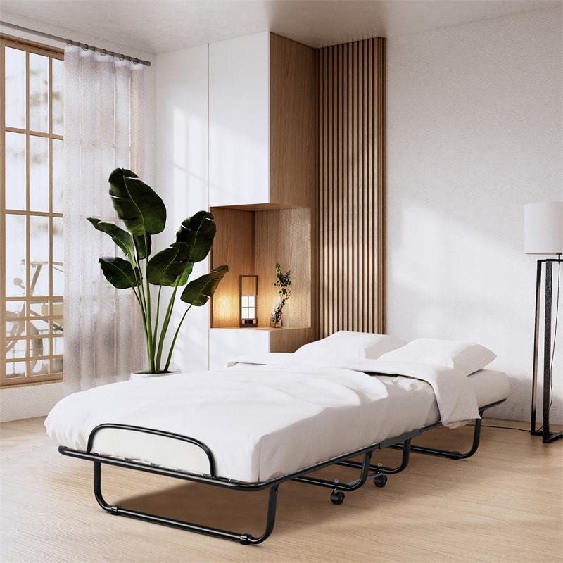 Folding Bed with 4" Memory Foam Mattress & Wheels for Adults, Metal Frame Cot Size RollawayBed Portable Guest Bed, Made in Italy