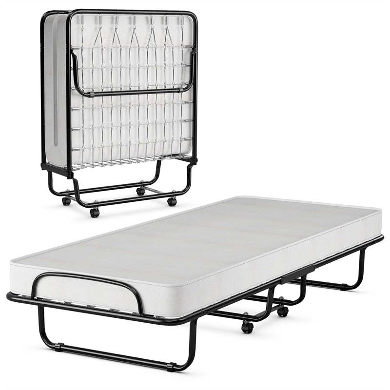 Folding Bed with 4" Memory Foam Mattress & Wheels for Adults, Metal Frame Cot Size RollawayBed Portable Guest Bed, Made in Italy