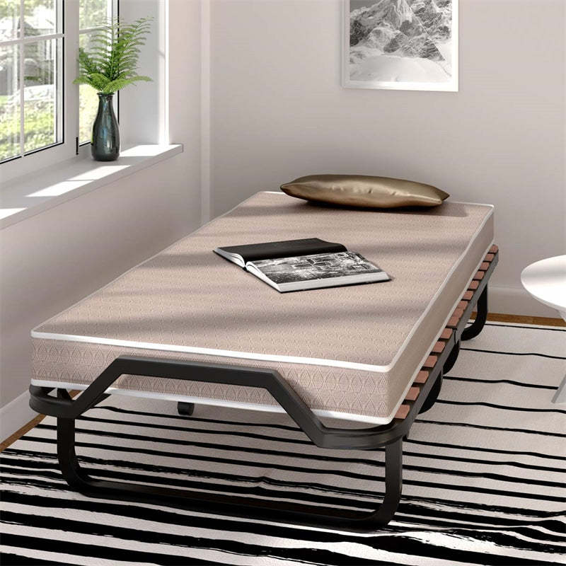 Folding Bed Portable Rollaway Guest Bed with 4" Memory Foam Mattress, Metal Frame & Wooden Slats, Cot Size Fold-Up Bed for Adults, Made in Italy