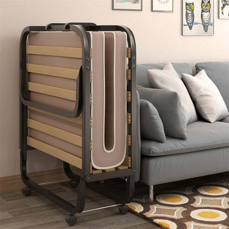Folding Bed Portable Rollaway Guest Bed with 4" Memory Foam Mattress, Metal Frame & Wooden Slats, Cot Size Fold-Up Bed for Adults, Made in Italy