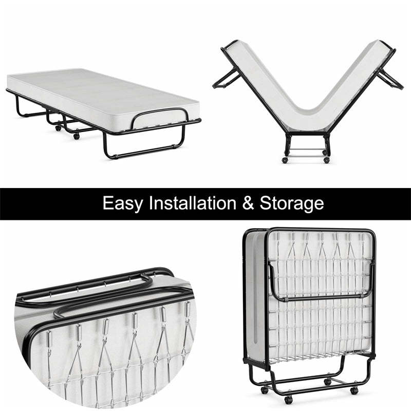 Folding Bed with 4" Memory Foam Mattress & Wheels for Adults, Metal Frame Cot Size RollawayBed Portable Guest Bed, Made in Italy