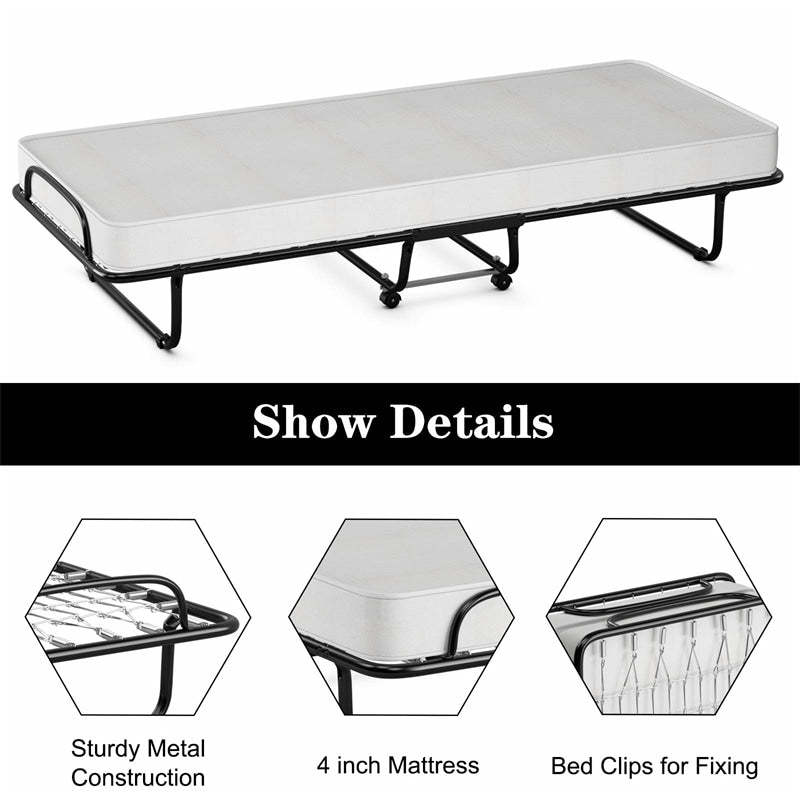 Folding Bed with 4" Memory Foam Mattress & Wheels for Adults, Metal Frame Cot Size RollawayBed Portable Guest Bed, Made in Italy