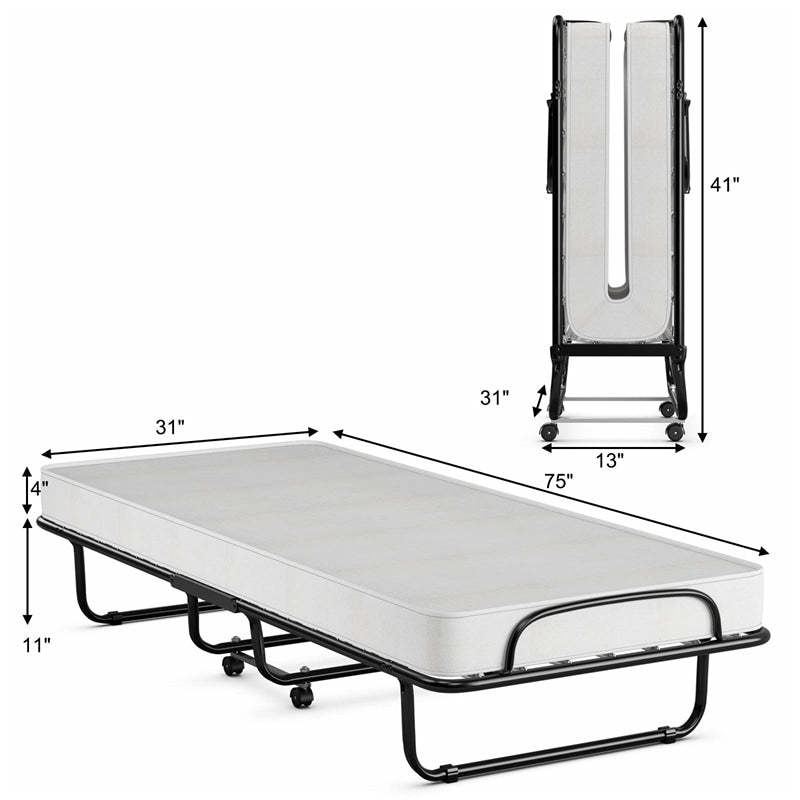 Folding Bed with 4" Memory Foam Mattress & Wheels for Adults, Metal Frame Cot Size RollawayBed Portable Guest Bed, Made in Italy