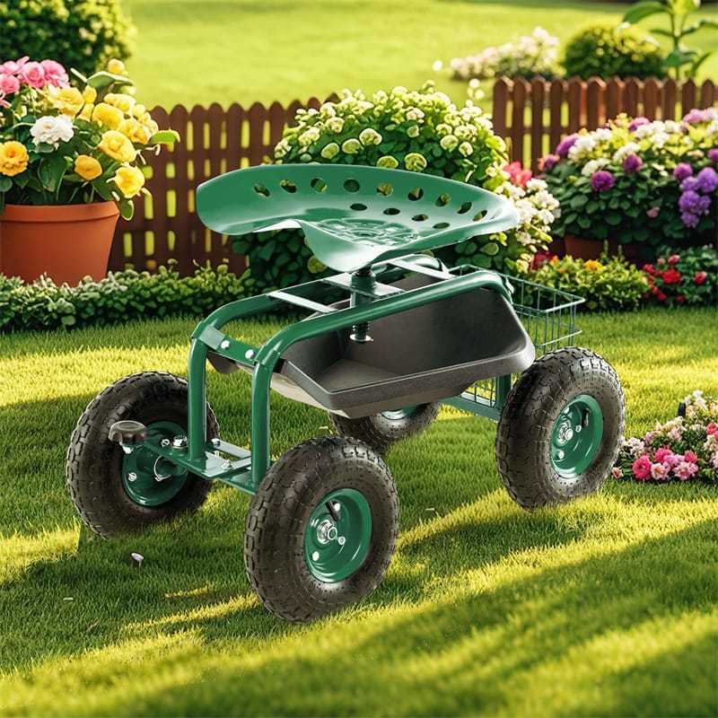 Rolling Garden Cart with 360° Swivel Seat, Tool Tray & Basket, Height Adjustable Gardening Workseat on Wheels, Patio Wagon Scooter for Planting