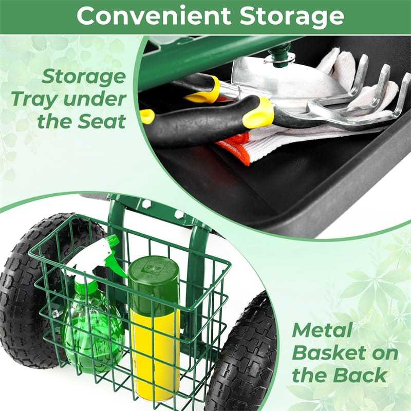 Rolling Garden Cart with 360° Swivel Seat, Tool Tray & Basket, Height Adjustable Gardening Workseat on Wheels, Patio Wagon Scooter for Planting
