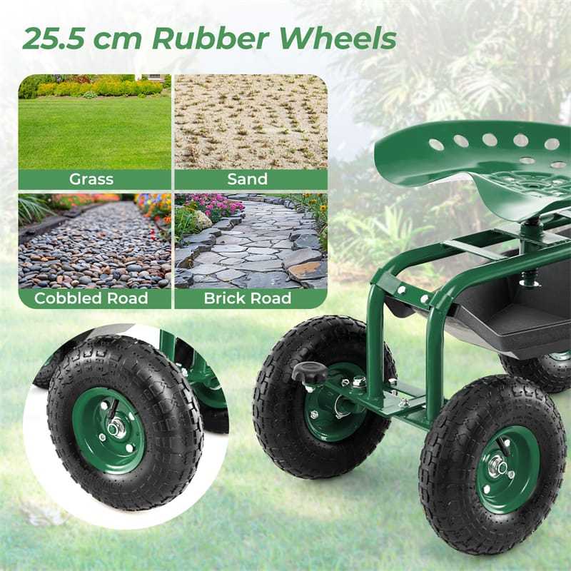 Rolling Garden Cart with 360° Swivel Seat, Tool Tray & Basket, Height Adjustable Gardening Workseat on Wheels, Patio Wagon Scooter for Planting