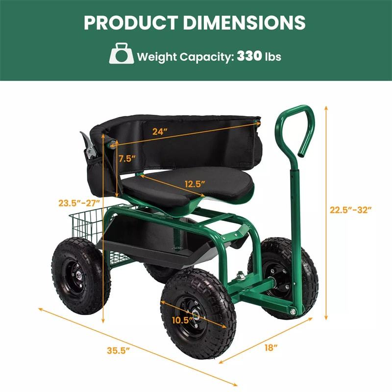 Rolling Garden Cart, Height Adjustable Garden Scooter with 360° Swivel Work Seat, Tool Tray, Storage Basket & Handle for Yard Gardening Work