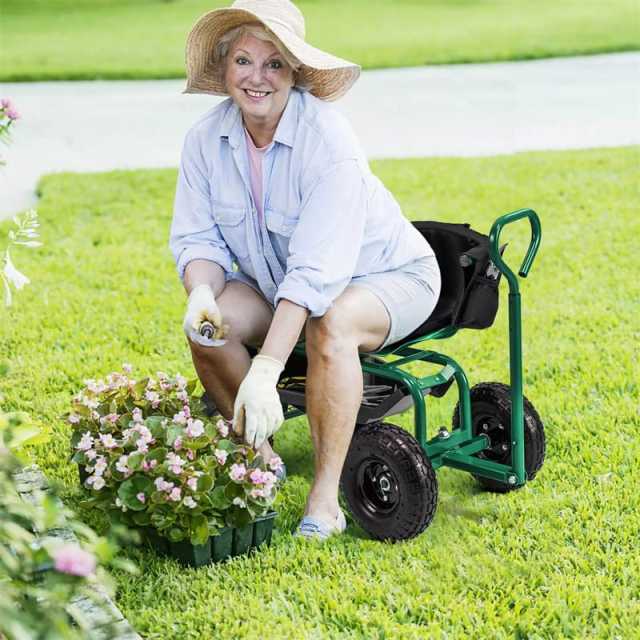 Rolling Garden Cart, Height Adjustable Garden Scooter with 360° Swivel Work Seat, Tool Tray, Storage Basket & Handle for Yard Gardening Work