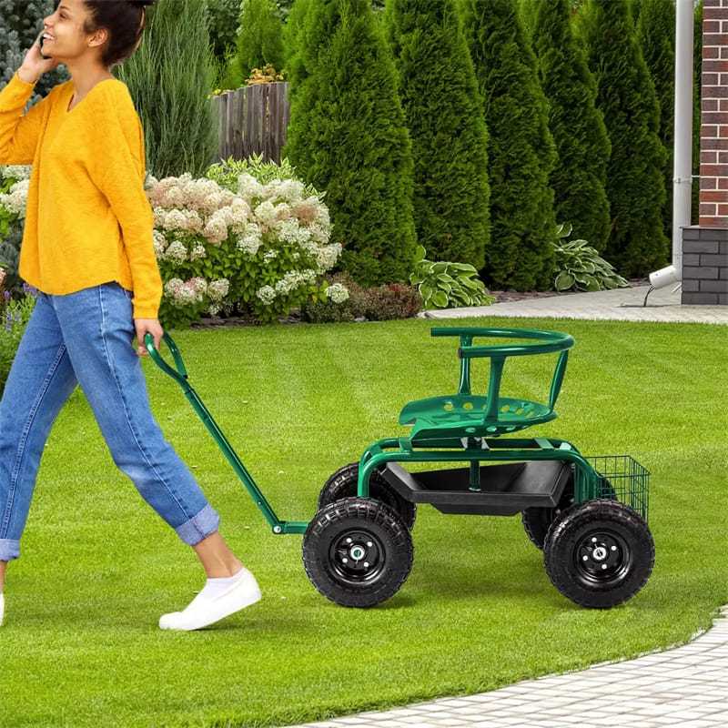 Rolling Garden Cart, Height Adjustable Garden Scooter with 360° Swivel Work Seat, Tool Tray, Storage Basket & Handle for Yard Gardening Work