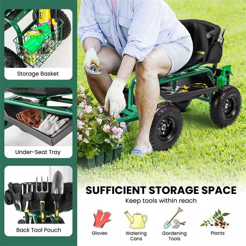 Rolling Garden Cart, Height Adjustable Garden Scooter with 360° Swivel Work Seat, Tool Tray, Storage Basket & Handle for Yard Gardening Work