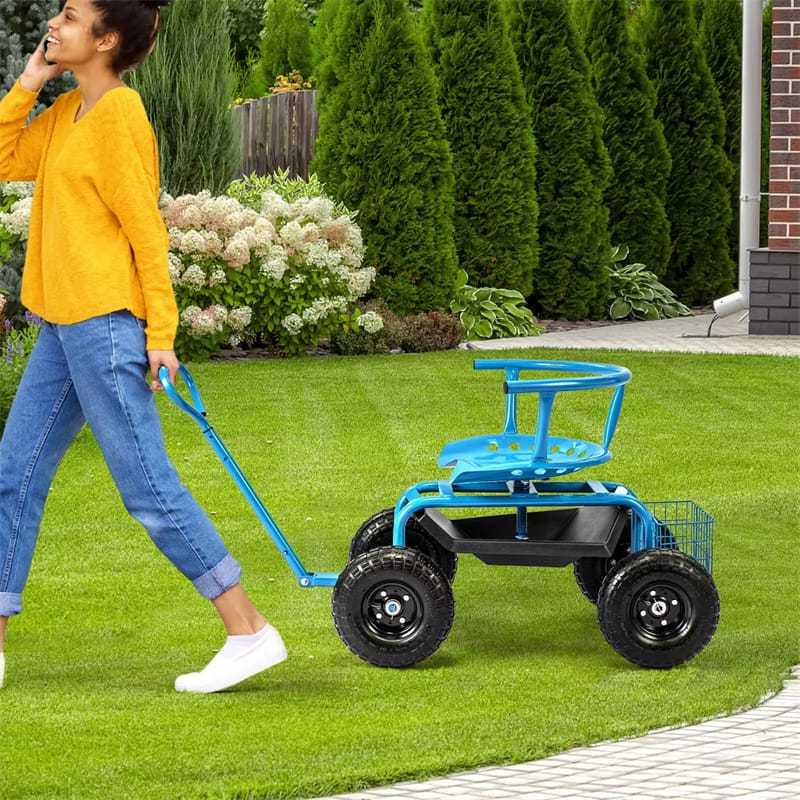 Rolling Garden Cart, Height Adjustable Garden Scooter with 360° Swivel Work Seat, Tool Tray, Storage Basket & Handle for Yard Gardening Work