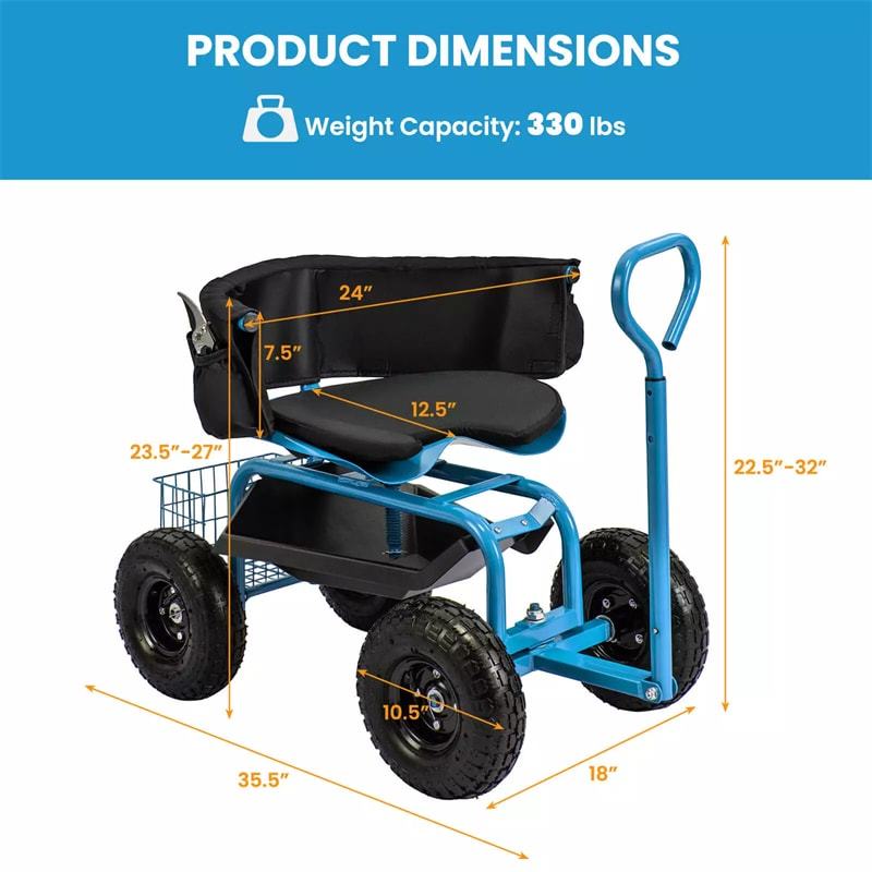 Rolling Garden Cart, Height Adjustable Garden Scooter with 360° Swivel Work Seat, Tool Tray, Storage Basket & Handle for Yard Gardening Work