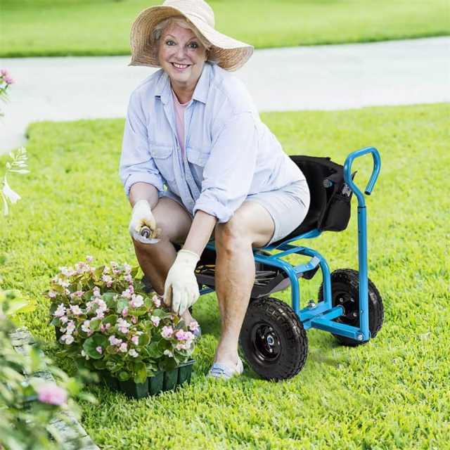 Rolling Garden Cart, Height Adjustable Garden Scooter with 360° Swivel Work Seat, Tool Tray, Storage Basket & Handle for Yard Gardening Work