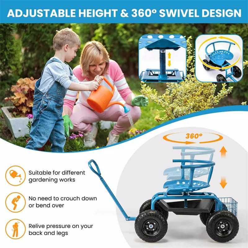 Rolling Garden Cart, Height Adjustable Garden Scooter with 360° Swivel Work Seat, Tool Tray, Storage Basket & Handle for Yard Gardening Work