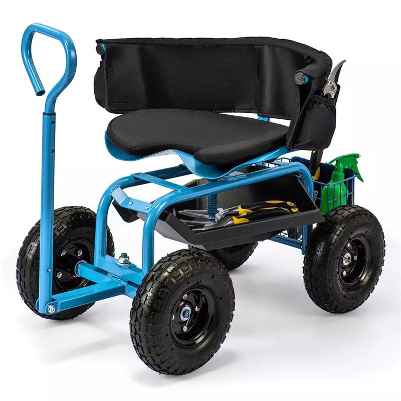 Rolling Garden Cart, Height Adjustable Garden Scooter with 360° Swivel Work Seat, Tool Tray, Storage Basket & Handle for Yard Gardening Work