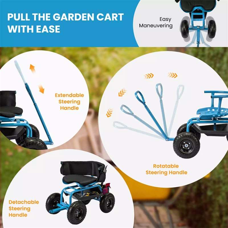 Rolling Garden Cart, Height Adjustable Garden Scooter with 360° Swivel Work Seat, Tool Tray, Storage Basket & Handle for Yard Gardening Work
