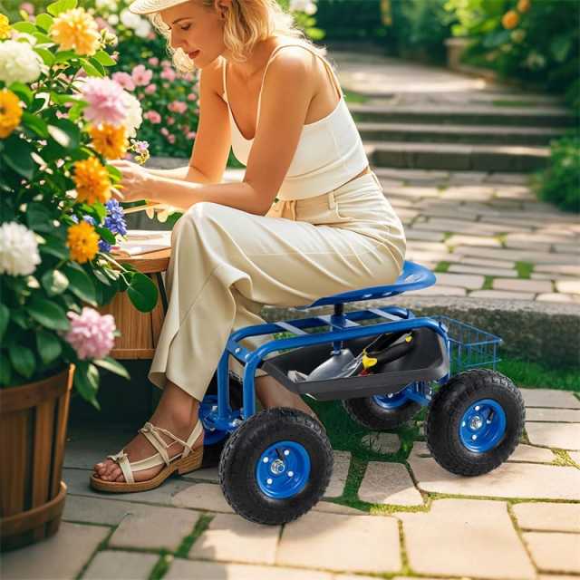 Rolling Garden Cart with 360° Swivel Seat, Tool Tray & Basket, Height Adjustable Gardening Workseat on Wheels, Patio Wagon Scooter for Planting