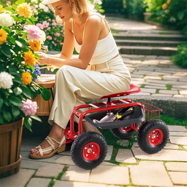 Rolling Garden Cart with 360° Swivel Seat, Tool Tray & Basket, Height Adjustable Gardening Workseat on Wheels, Patio Wagon Scooter for Planting