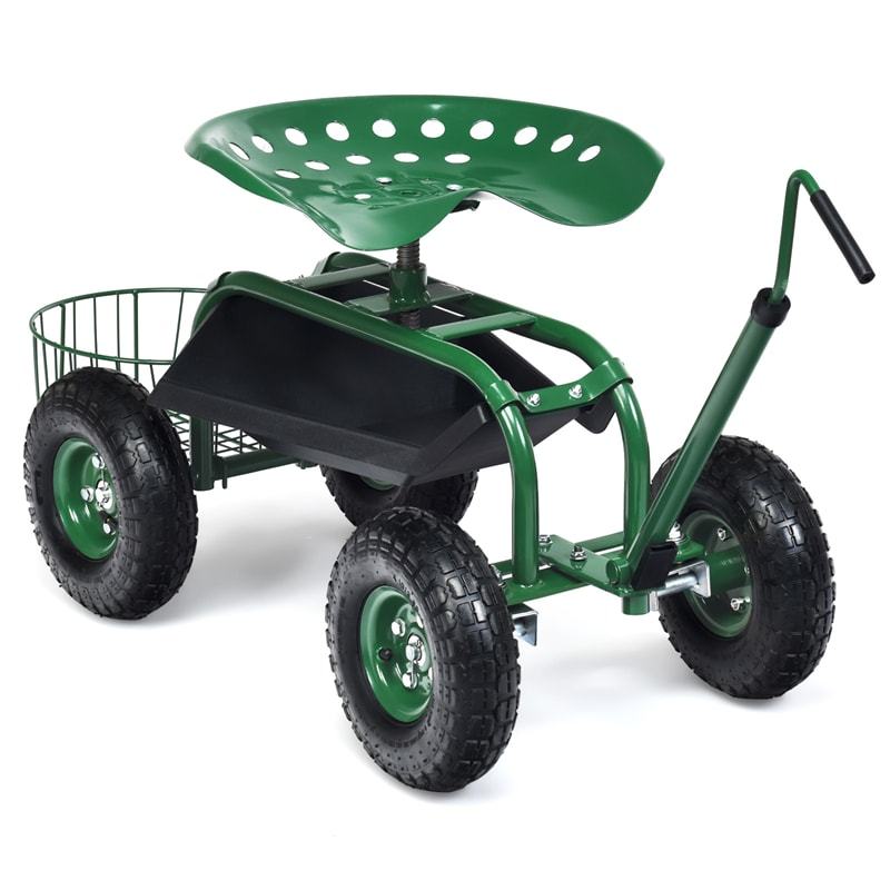 Rolling Garden Cart with 360° Swivel Seat, Extendable Hook Handle, Tool Tray, Storage Basket, Height Adjustable Gardening Workseat on Wheels