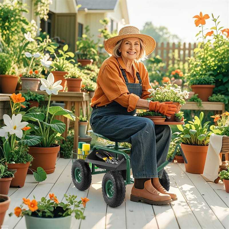 Rolling Garden Cart with 360° Swivel Seat, Extendable Hook Handle, Tool Tray, Storage Basket, Height Adjustable Gardening Workseat on Wheels