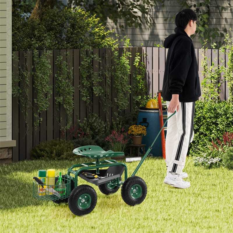 Rolling Garden Cart with 360° Swivel Seat, Extendable Hook Handle, Tool Tray, Storage Basket, Height Adjustable Gardening Workseat on Wheels