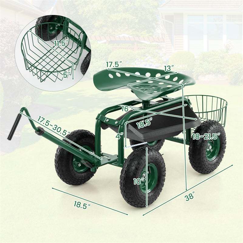 Rolling Garden Cart with 360° Swivel Seat, Extendable Hook Handle, Tool Tray, Storage Basket, Height Adjustable Gardening Workseat on Wheels