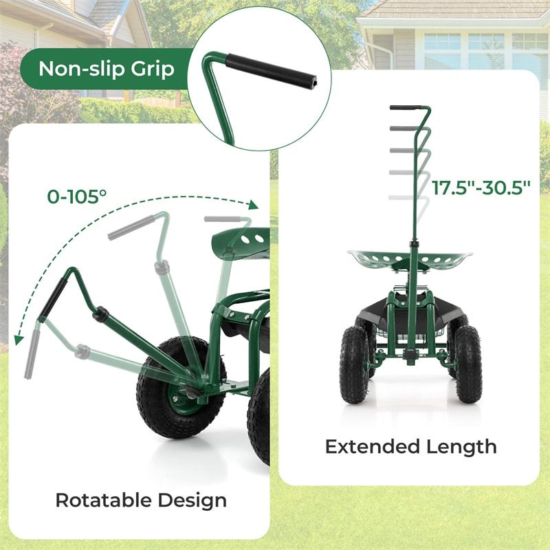 Rolling Garden Cart with 360° Swivel Seat, Extendable Hook Handle, Tool Tray, Storage Basket, Height Adjustable Gardening Workseat on Wheels