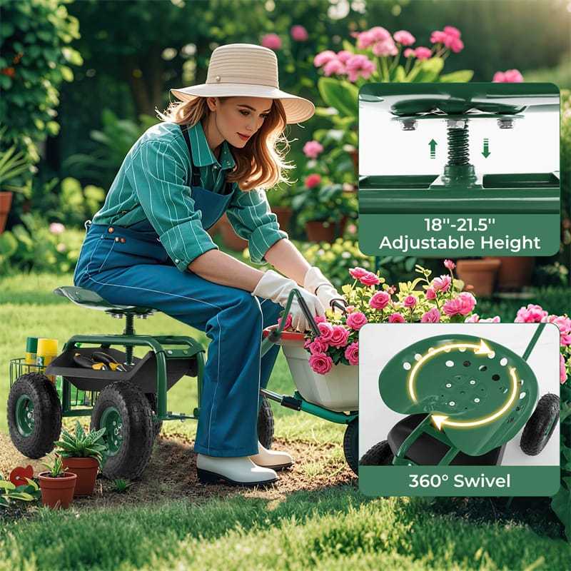 Rolling Garden Cart with 360° Swivel Seat, Extendable Hook Handle, Tool Tray, Storage Basket, Height Adjustable Gardening Workseat on Wheels