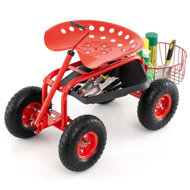 Rolling Garden Cart with 360° Swivel Seat, Extendable Hook Handle, Tool Tray, Storage Basket, Height Adjustable Gardening Workseat on Wheels