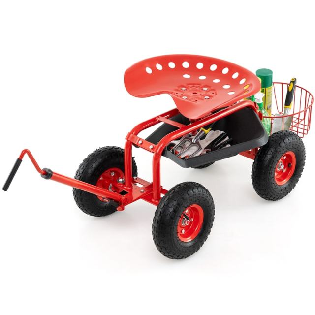 Rolling Garden Cart with 360° Swivel Seat, Extendable Hook Handle, Tool Tray, Storage Basket, Height Adjustable Gardening Workseat on Wheels