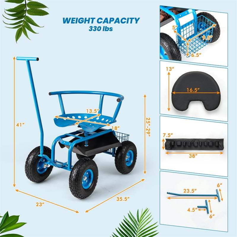 Rolling Garden Cart with 360° Swivel Seat, Tool Tray, Storage Basket, Removable Cushion & Handle, Height Adjustable Gardening Workseat for Patio Lawn