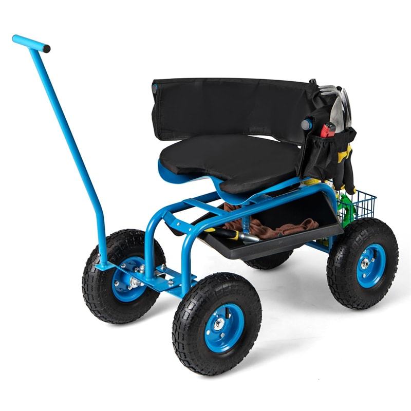 Rolling Garden Cart with 360° Swivel Seat, Tool Tray, Storage Basket, Removable Cushion & Handle, Height Adjustable Gardening Workseat for Patio Lawn