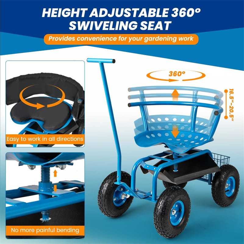 Rolling Garden Cart with 360° Swivel Seat, Tool Tray, Storage Basket, Removable Cushion & Handle, Height Adjustable Gardening Workseat for Patio Lawn