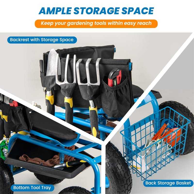 Rolling Garden Cart with 360° Swivel Seat, Tool Tray, Storage Basket, Removable Cushion & Handle, Height Adjustable Gardening Workseat for Patio Lawn