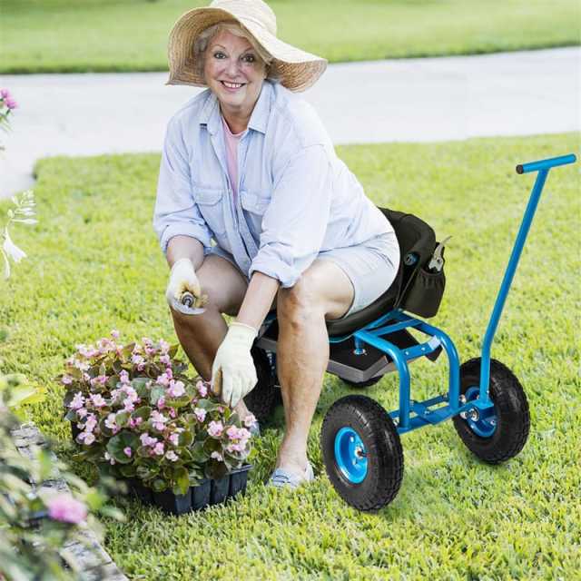 Rolling Garden Cart with 360° Swivel Seat, Tool Tray, Storage Basket, Removable Cushion & Handle, Height Adjustable Gardening Workseat for Patio Lawn